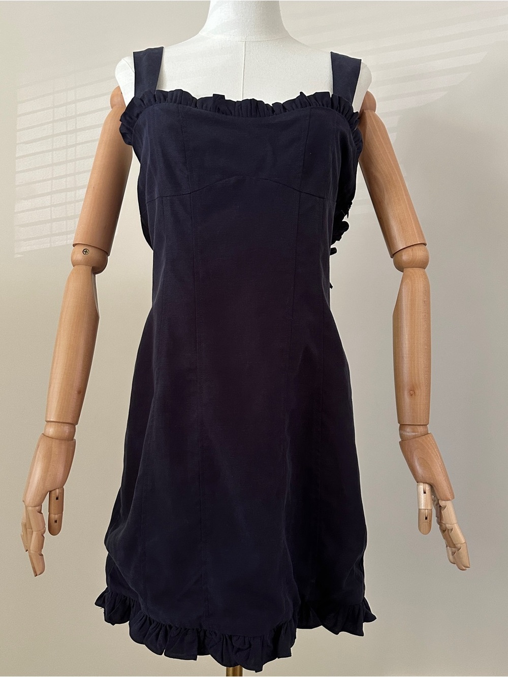 AQUA Navy Blue Tencel Linen Blend Mini Dress Ruffles Straps Back Bows Size M